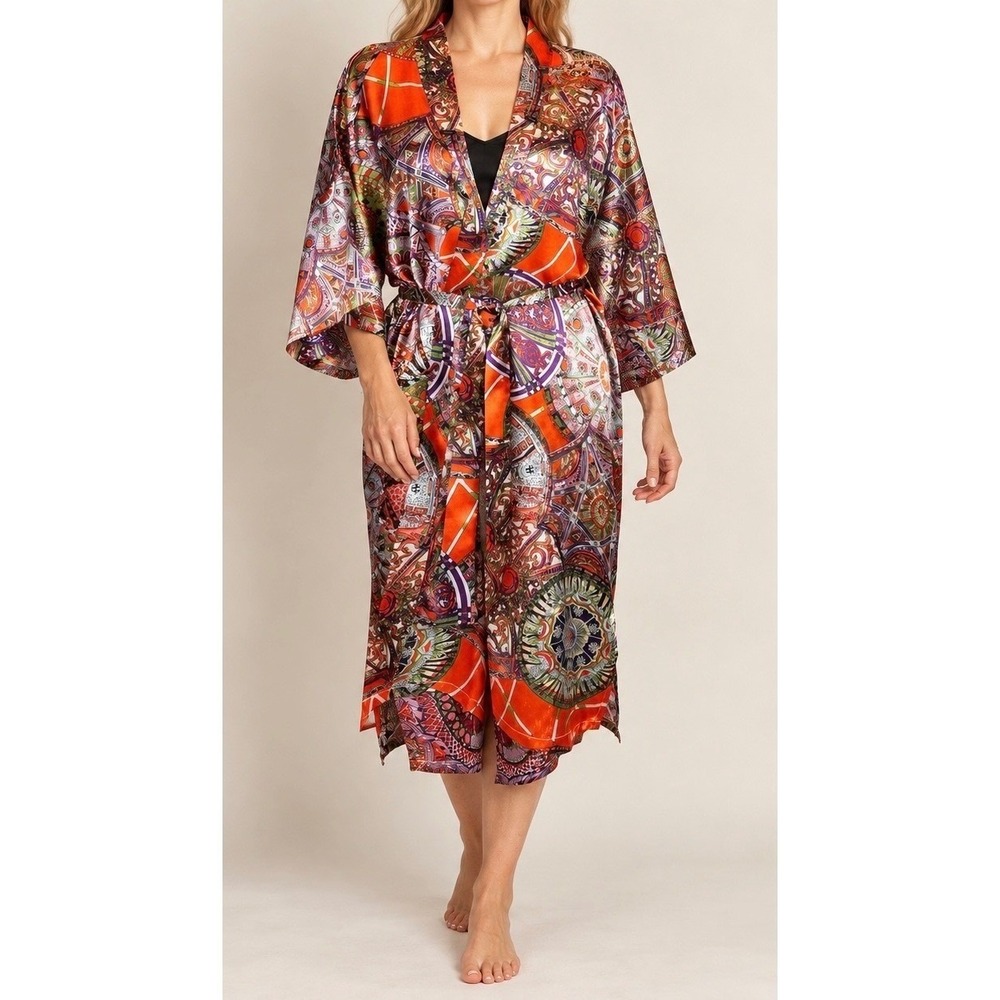Oriental Village Silk Collection Robe Multi Color Paisley Wrap Kimono One Size